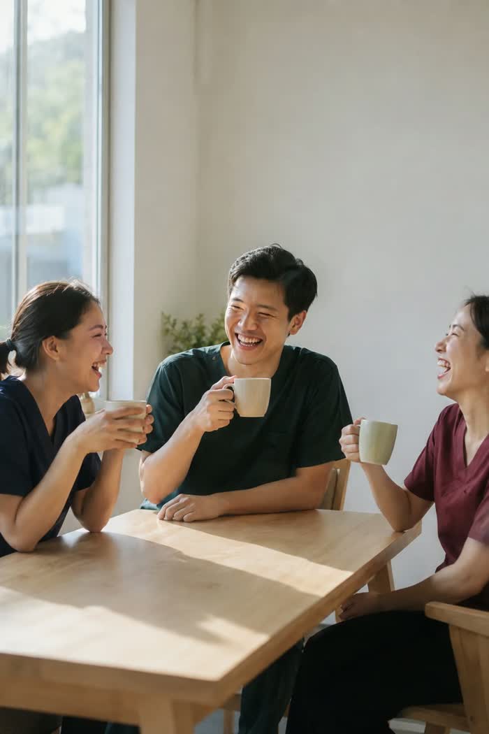 休憩時間に談笑するスタッフ